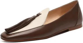 TinaCus Women's Genuine Leather Square Toe Two-Tone Tassels Handmade Slip On Loafers Flats