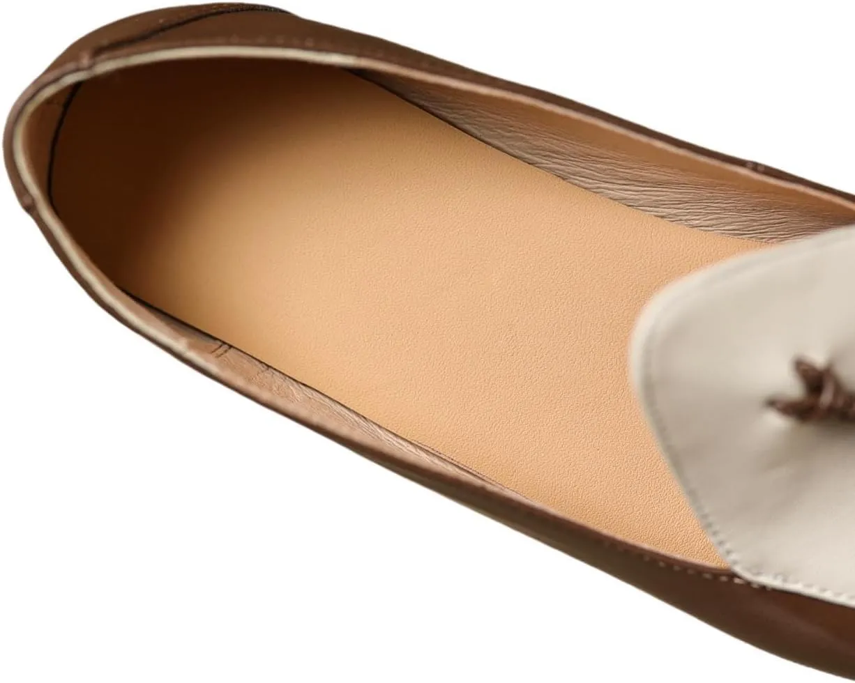 TinaCus Women's Genuine Leather Square Toe Two-Tone Tassels Handmade Slip On Loafers Flats