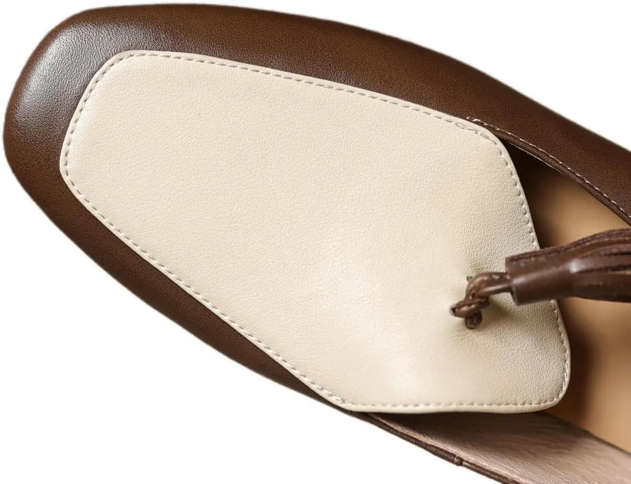 TinaCus Women's Genuine Leather Square Toe Two-Tone Tassels Handmade Slip On Loafers Flats