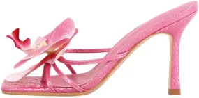 VERISSON Opened Square Toe Stiletto Mule Sandals with Flowers Slip-on Middle Heeled Snake Skin Pattern Sandals