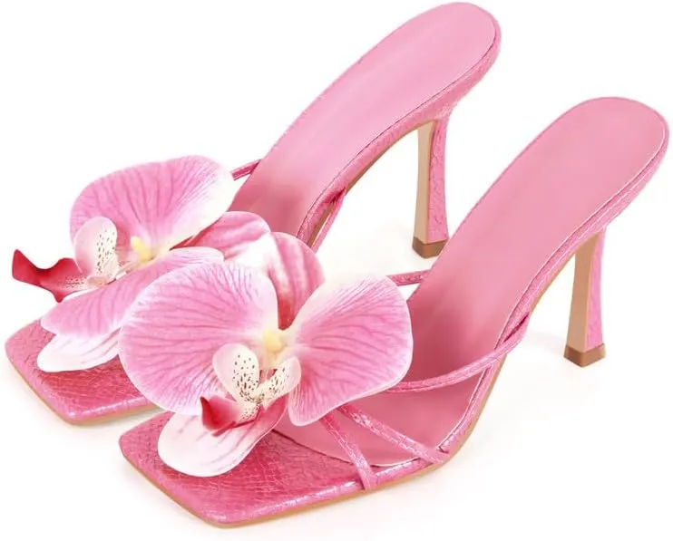 VERISSON Opened Square Toe Stiletto Mule Sandals with Flowers Slip-on Middle Heeled Snake Skin Pattern Sandals
