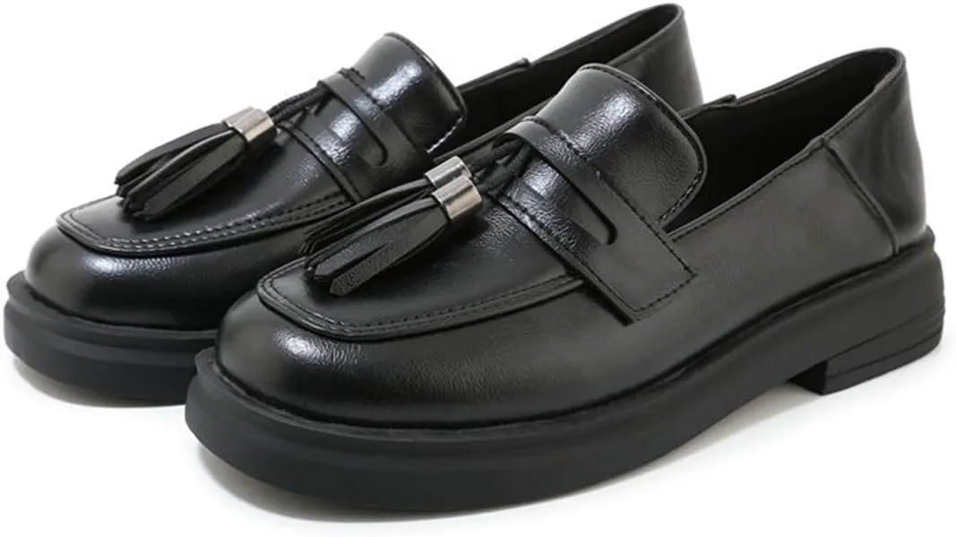 VOKLIN Women's Classic Tassels Slip On Penny Loafers Square Toe Flat Low Heels School Uniform Oxford Shoes