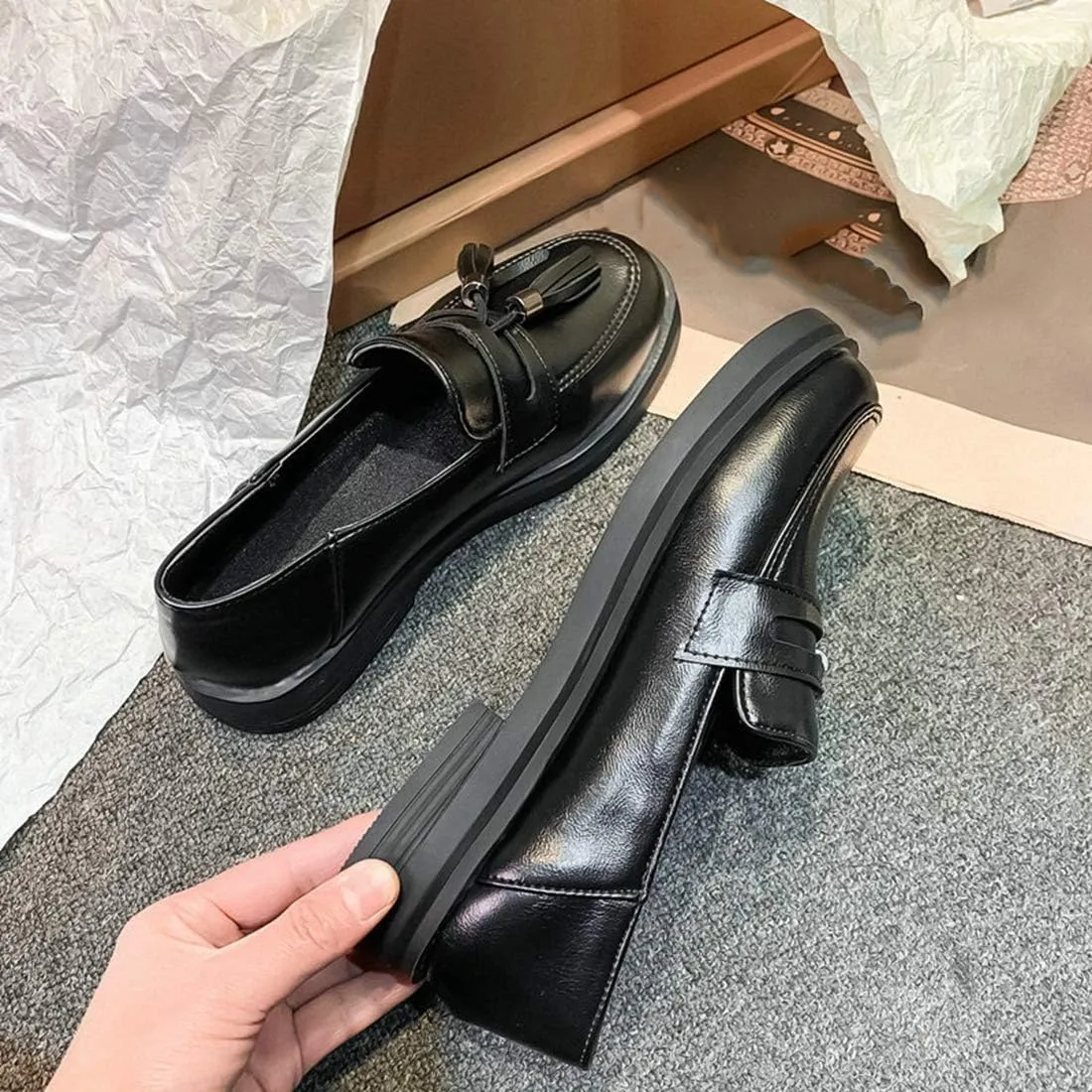 VOKLIN Women's Classic Tassels Slip On Penny Loafers Square Toe Flat Low Heels School Uniform Oxford Shoes