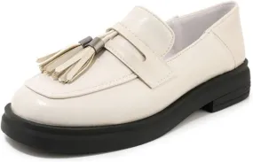 VOKLIN Women's Classic Tassels Slip On Penny Loafers Square Toe Flat Low Heels School Uniform Oxford Shoes