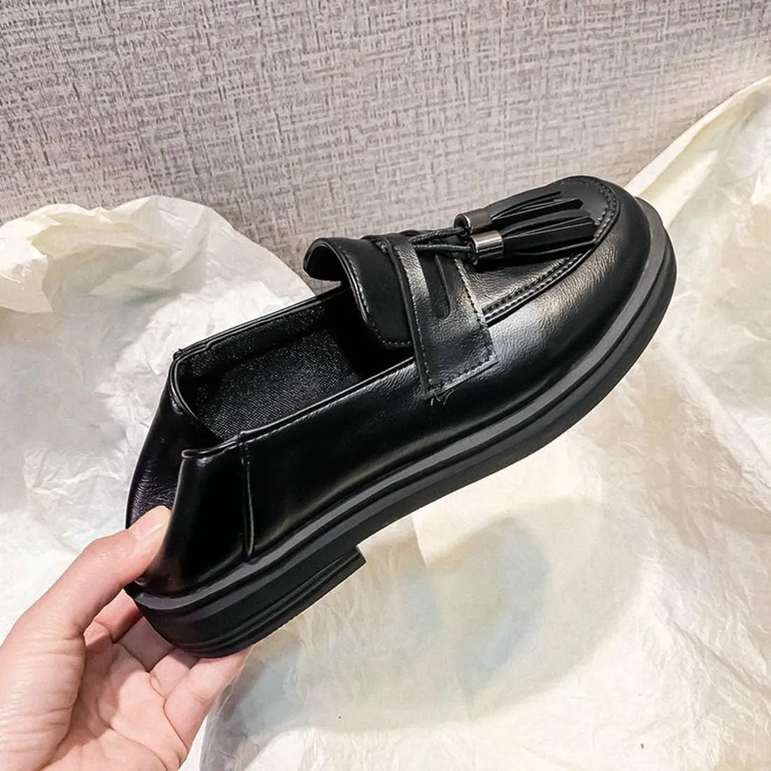 VOKLIN Women's Classic Tassels Slip On Penny Loafers Square Toe Flat Low Heels School Uniform Oxford Shoes