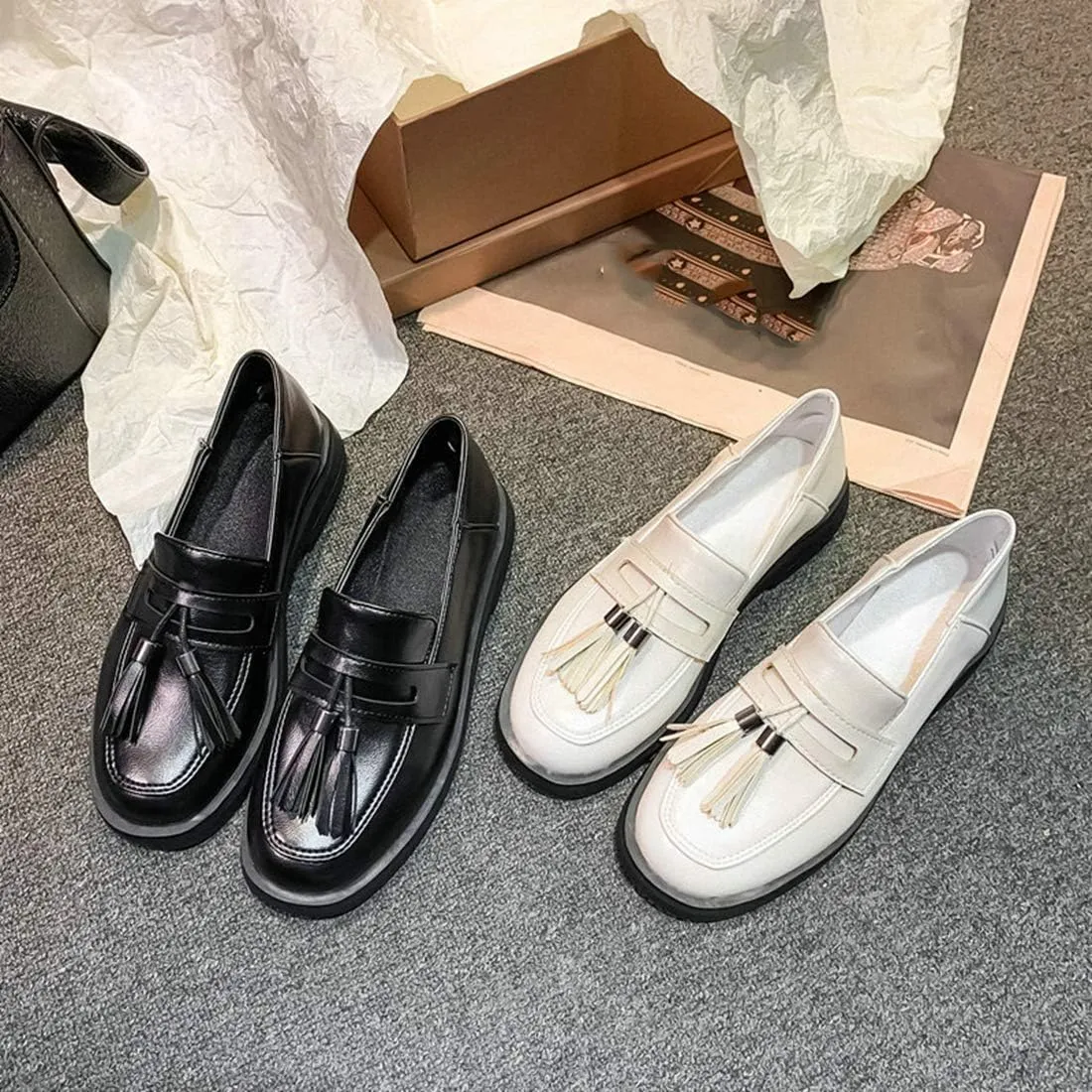 VOKLIN Women's Classic Tassels Slip On Penny Loafers Square Toe Flat Low Heels School Uniform Oxford Shoes