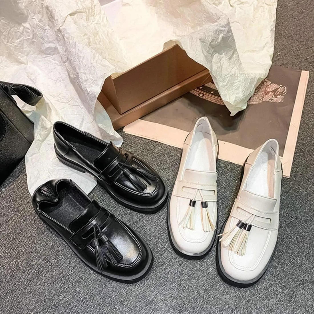 VOKLIN Women's Classic Tassels Slip On Penny Loafers Square Toe Flat Low Heels School Uniform Oxford Shoes