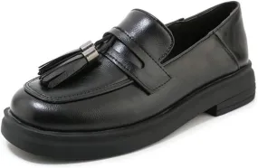 VOKLIN Women's Classic Tassels Slip On Penny Loafers Square Toe Flat Low Heels School Uniform Oxford Shoes