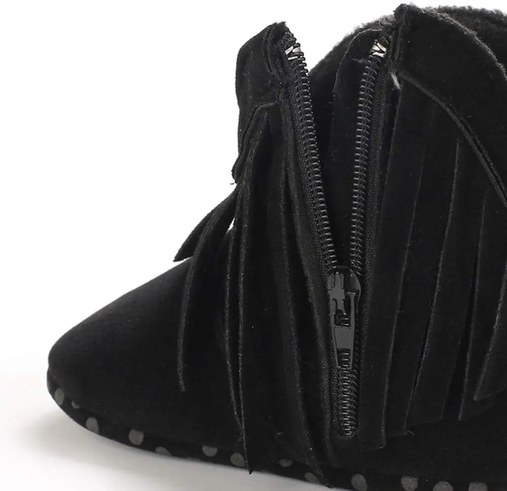WILLFUN Baby Girls Boots with Tassels Infants Soft Sole Shoes Toddler Zipper Short Bootie