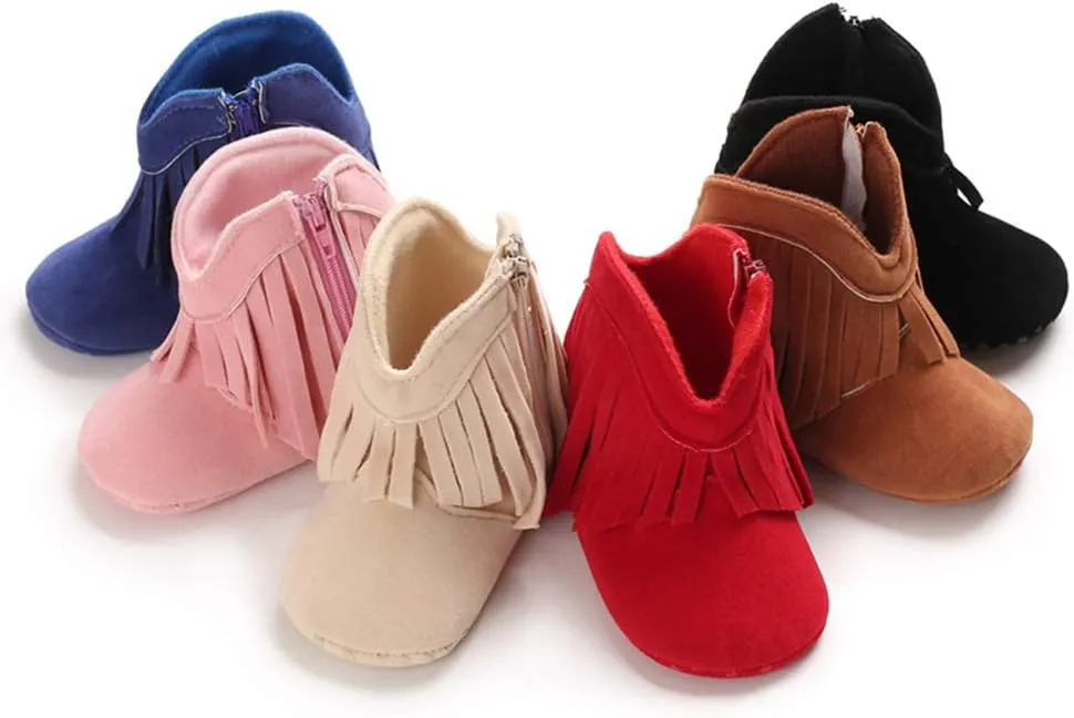 WILLFUN Baby Girls Boots with Tassels Infants Soft Sole Shoes Toddler Zipper Short Bootie