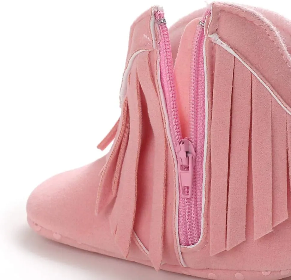 WILLFUN Baby Girls Boots with Tassels Infants Soft Sole Shoes Toddler Zipper Short Bootie