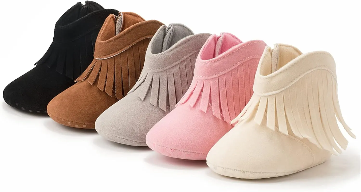 WILLFUN Baby Girls Boots with Tassels Infants Soft Sole Shoes Toddler Zipper Short Bootie
