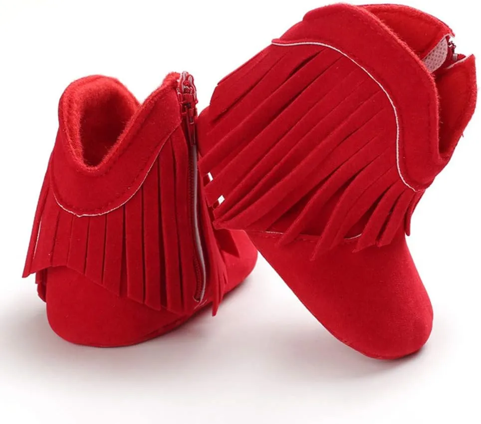 WILLFUN Baby Girls Boots with Tassels Infants Soft Sole Shoes Toddler Zipper Short Bootie