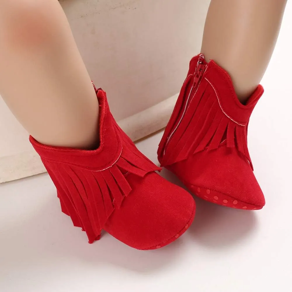 WILLFUN Baby Girls Boots with Tassels Infants Soft Sole Shoes Toddler Zipper Short Bootie