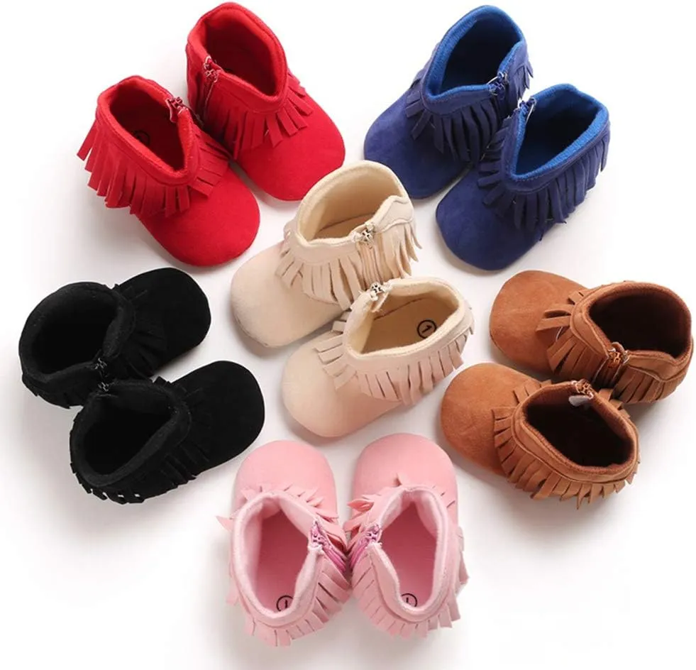 WILLFUN Baby Girls Boots with Tassels Infants Soft Sole Shoes Toddler Zipper Short Bootie