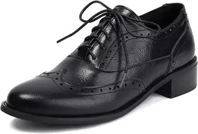 Women's Leather Wingtip Low Chunky Heel Oxfords Vintage Lace-Up Comfort Brogue Saddle Shoes Casual Breathable Business Dress Work Shoes