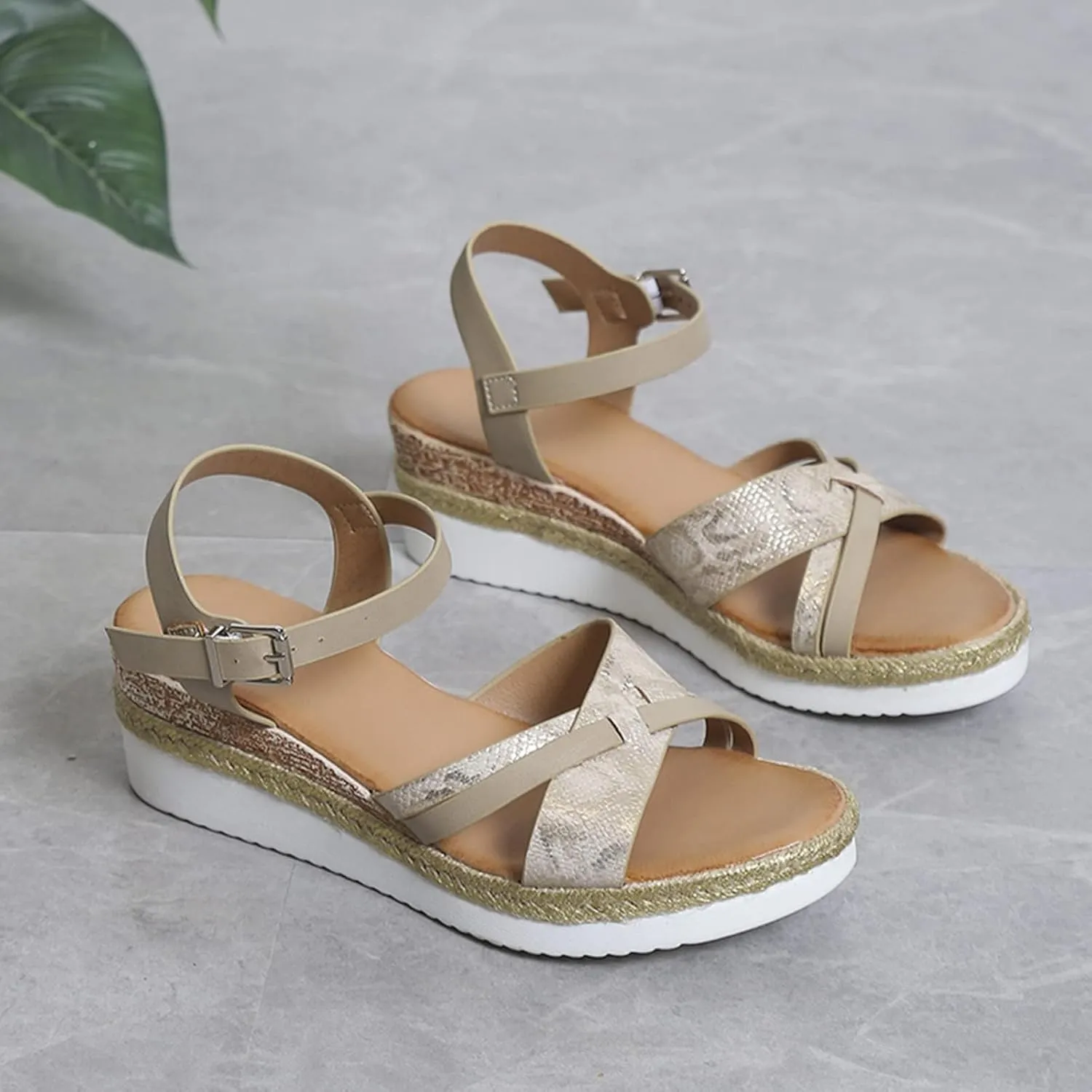 Womens Wedge Sandals Comfortable Open Toe Platform Slides Sandals Fashion Cross Leather Wedges Sandal Adjustable Ankle Strap Metal Buckle Beach Shoes