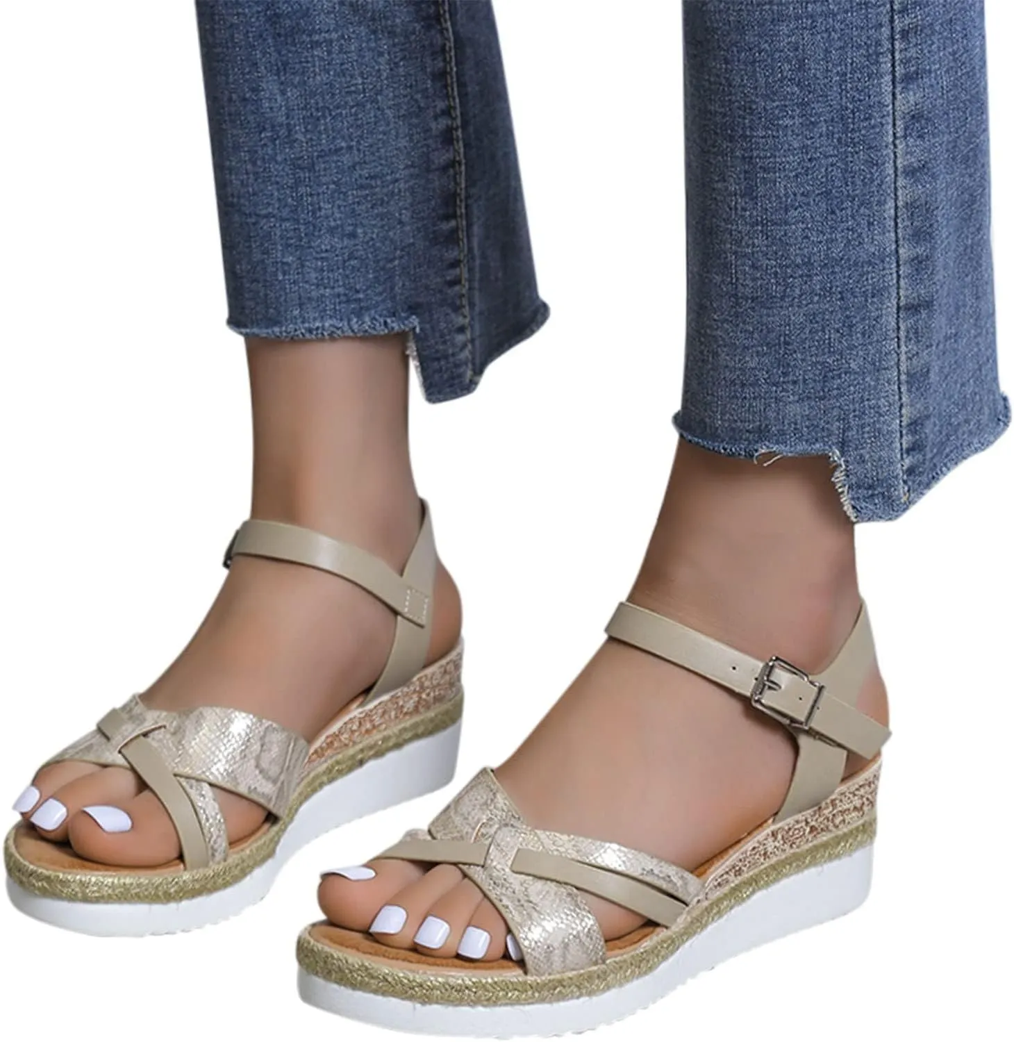 Womens Wedge Sandals Comfortable Open Toe Platform Slides Sandals Fashion Cross Leather Wedges Sandal Adjustable Ankle Strap Metal Buckle Beach Shoes