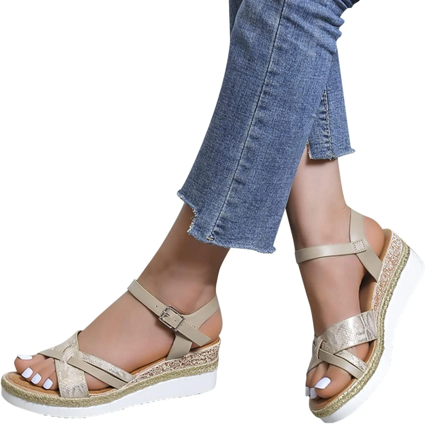 Womens Wedge Sandals Comfortable Open Toe Platform Slides Sandals Fashion Cross Leather Wedges Sandal Adjustable Ankle Strap Metal Buckle Beach Shoes
