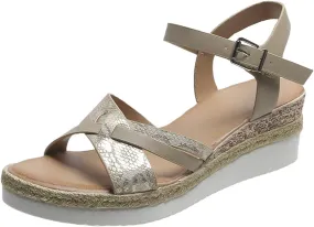 Womens Wedge Sandals Comfortable Open Toe Platform Slides Sandals Fashion Cross Leather Wedges Sandal Adjustable Ankle Strap Metal Buckle Beach Shoes