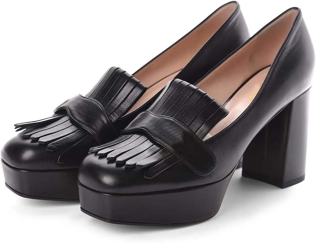 XYD Women's Vintage Platform Pumps with Fringe Block High Heel Slip On Loafers Closed Square Toe Tassels Party Prom Work Shoes