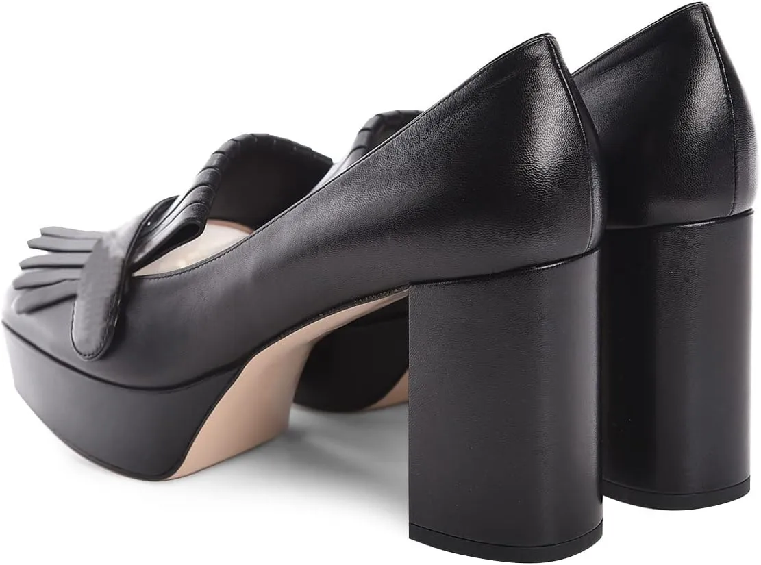 XYD Women's Vintage Platform Pumps with Fringe Block High Heel Slip On Loafers Closed Square Toe Tassels Party Prom Work Shoes
