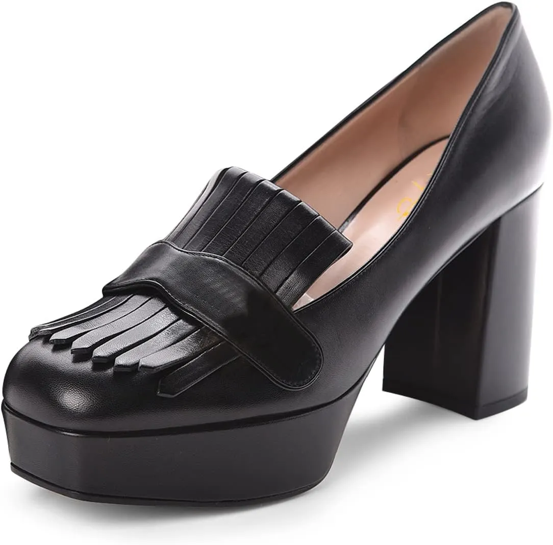 XYD Women's Vintage Platform Pumps with Fringe Block High Heel Slip On Loafers Closed Square Toe Tassels Party Prom Work Shoes